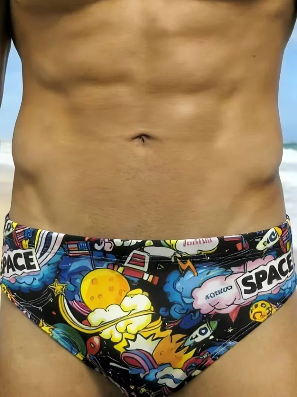 Men's Space Print Swim Briefs Colorful Novelty Beach Pool Swimwear Size M